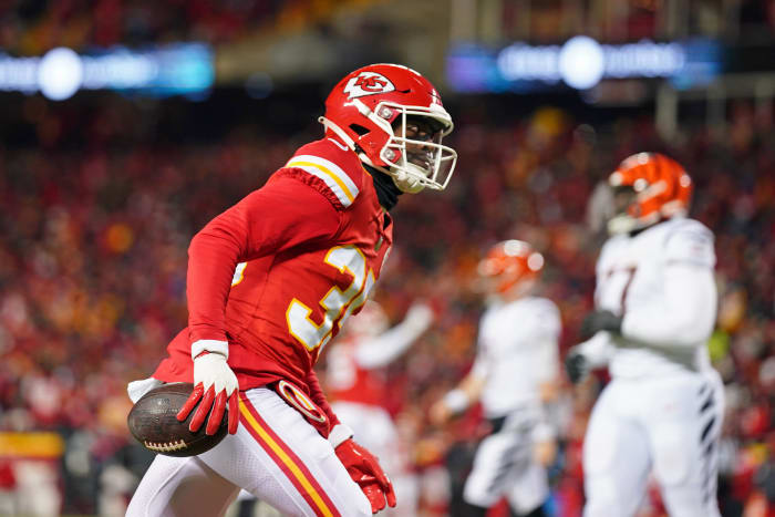 Jan 29, 2023; Kansas City, Missouri, USA; Kansas City Chiefs cornerback Jaylen Watson (35) reacts after making an interception against the Cincinnati Bengals during the second quarter of the AFC Championship game at GEHA Field at Arrowhead Stadium. Mandatory Credit: Jay Biggerstaff-USA TODAY Sports